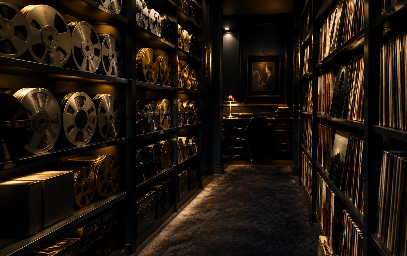 Archive of master tape reels and vinyl records in a dimly lit catalog vault