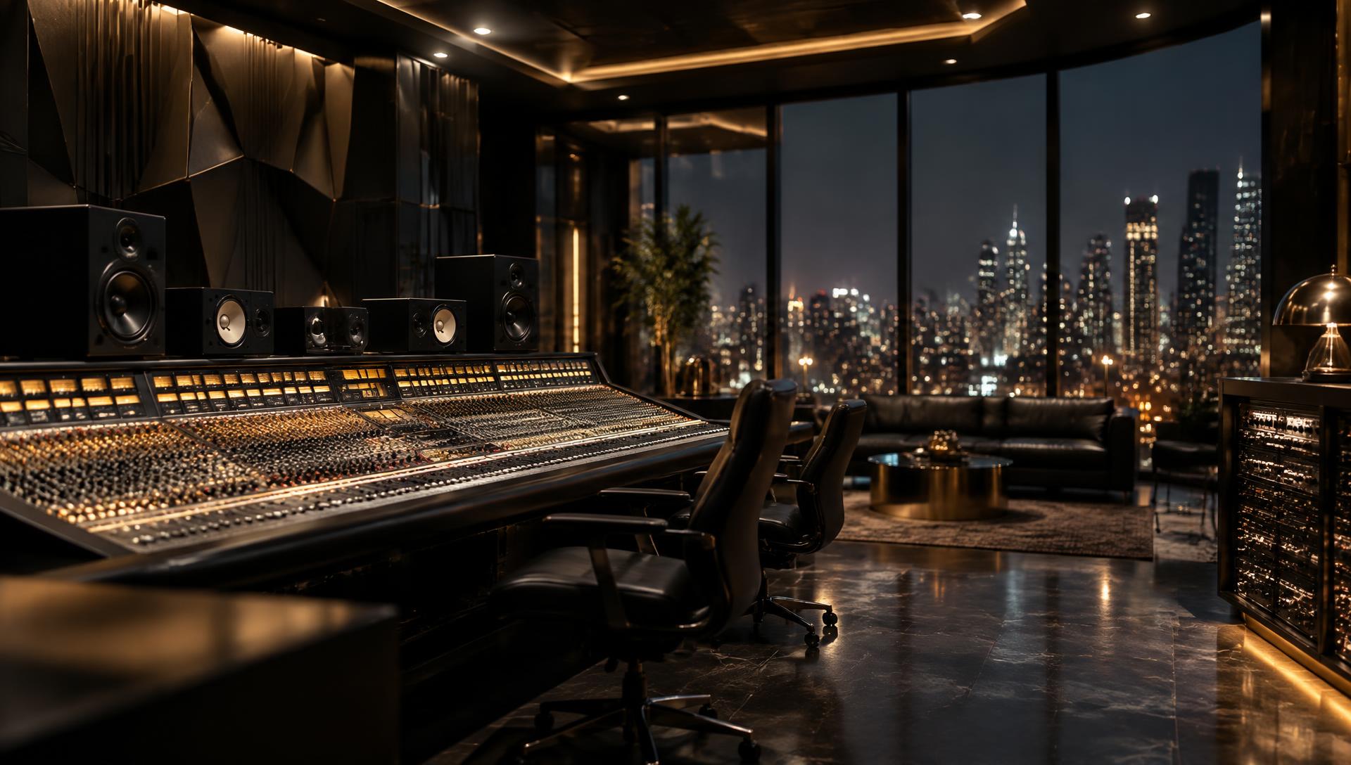 Modern recording studio control room overlooking a city skyline at night